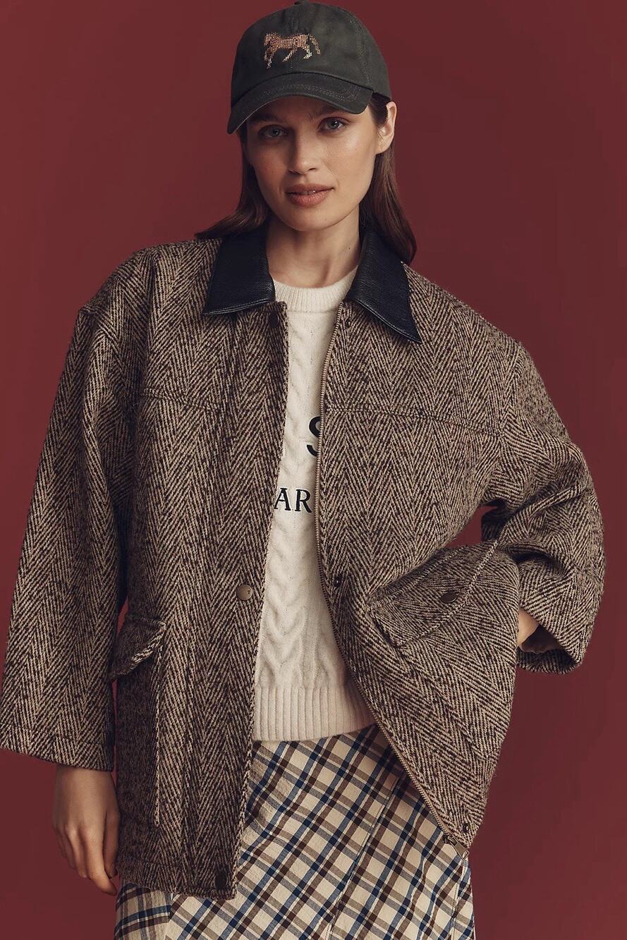 Pilcro Anthropologie Wool Blend Jacket XXS Brown Tan Herringbone Leather Collar